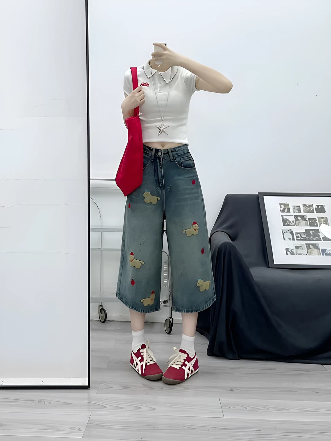 Ayollar uchun keng va klesh jinsi shimlar: ko'k rang, katta o'lcham, kashtali it dizayni, yozgi, bo'sh (oversize), nozik ko'rsatadigan, to'g'ri kesim, keng shim, uch chorak shim
