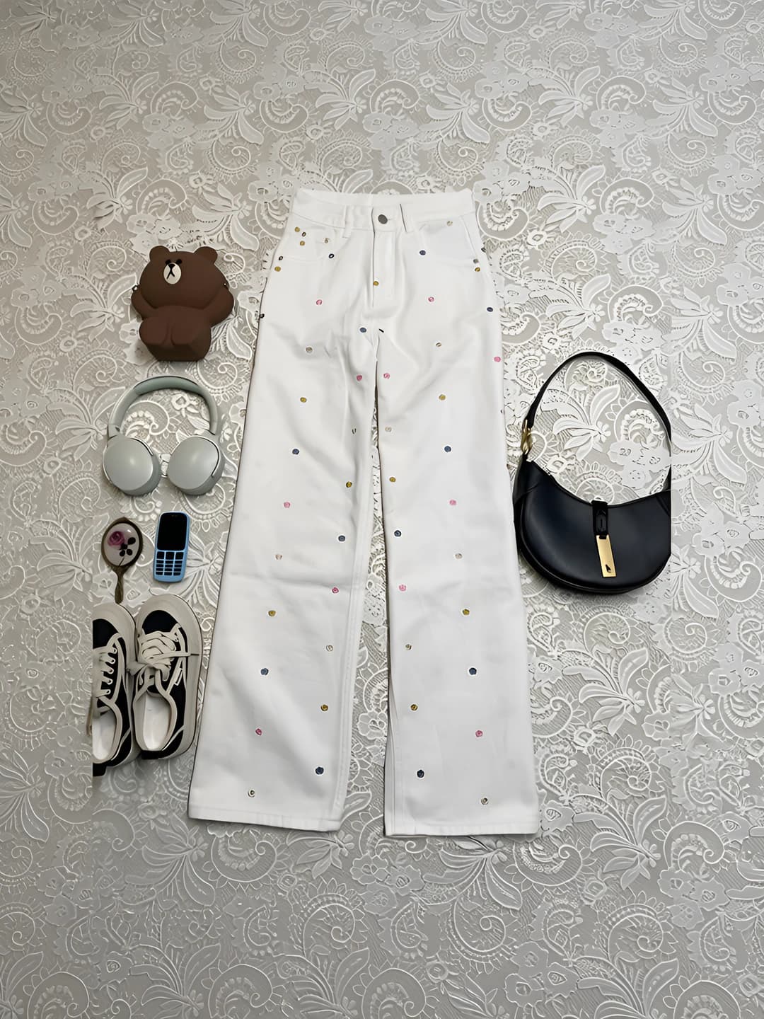 Women's wide-leg jeans 2026 spring-summer, white, embroidered, high waist, zip, slimming