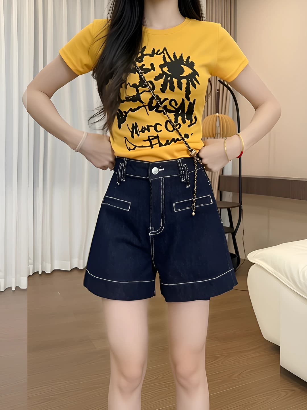 Women's summer denim shorts, high waist, loose fit, slimming, straight cut, 50%–70% cotton
