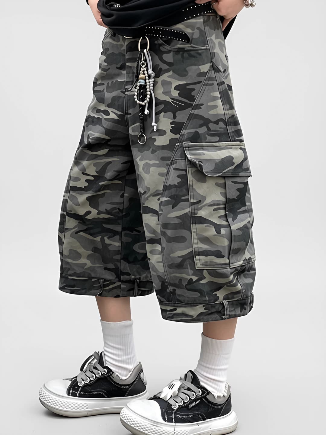 Women's summer retro camouflage cargo jeans, high waist, capri trousers, straight cut, wide-leg, multi-pocket