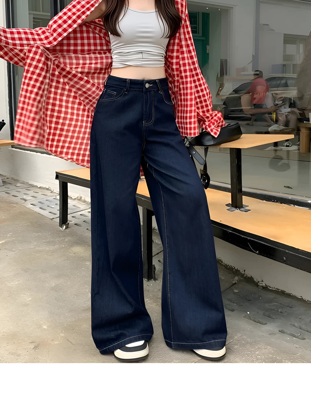 Women's wide and flared jeans, high waist, loose fit, straight cut, trousers, all-cotton, spring-autumn, dark blue