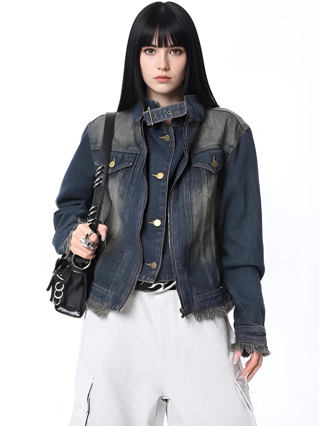 Ayollar uchun retro uslubdagi kalta denim kurtka, bo'sh kesim, tik yoqa, fermuar, kuz-qish