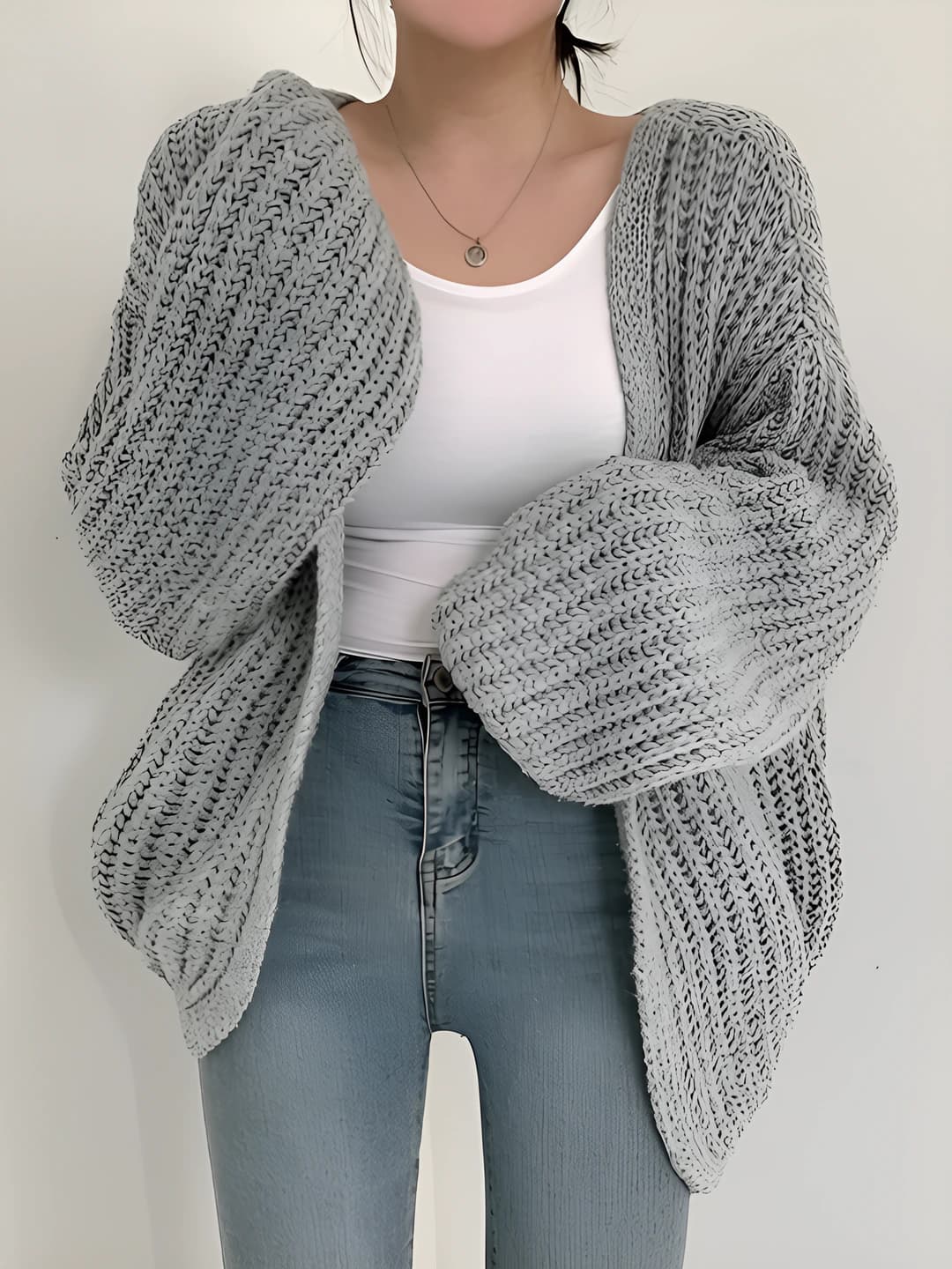 Women's autumn knit cardigan with V-neck, solid colour, loose fit, long sleeve, casual style