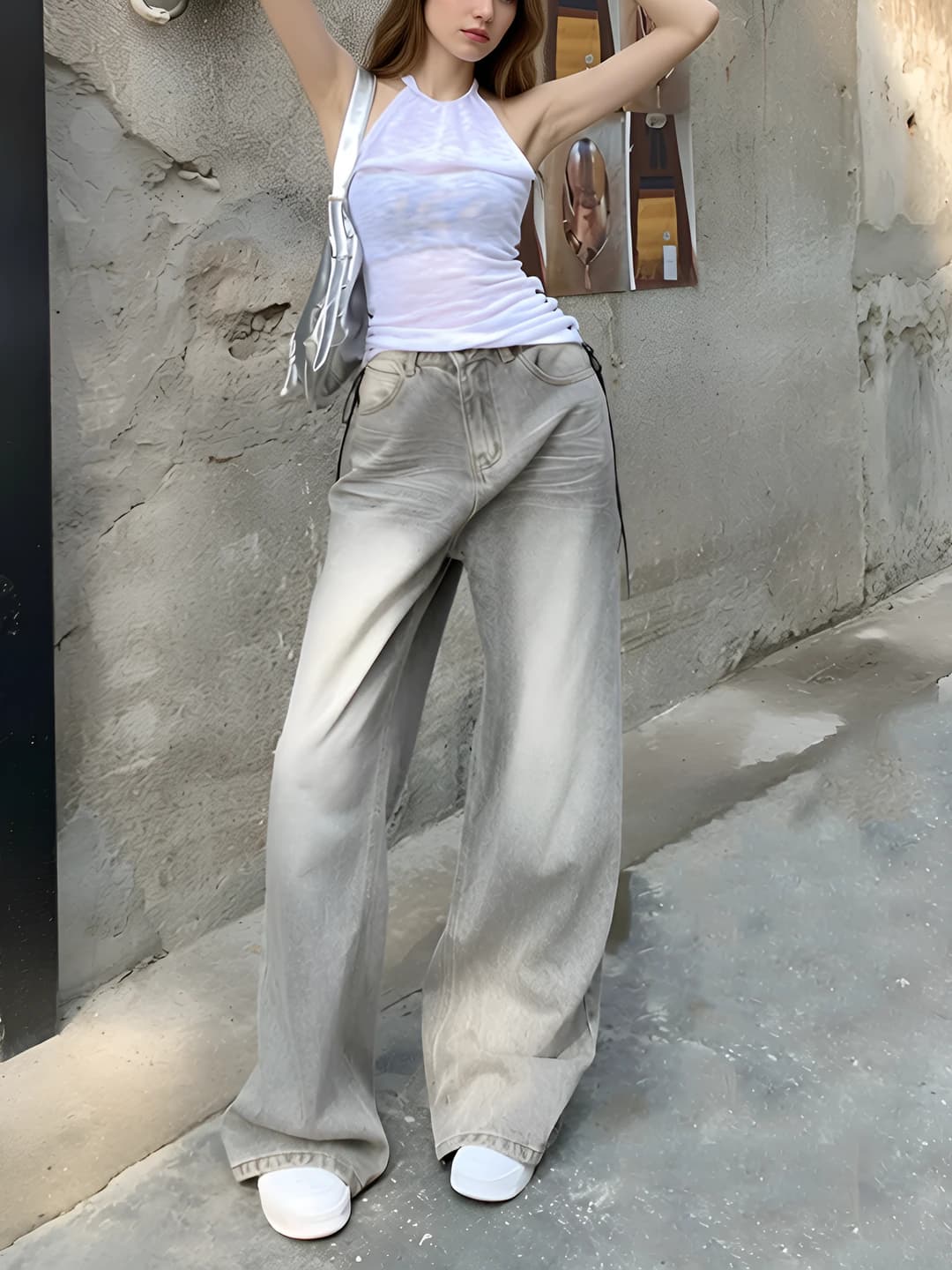Women's retro wide-leg jeans, high waist, loose fit, slimming, straight cut, long, thin fabric, grey