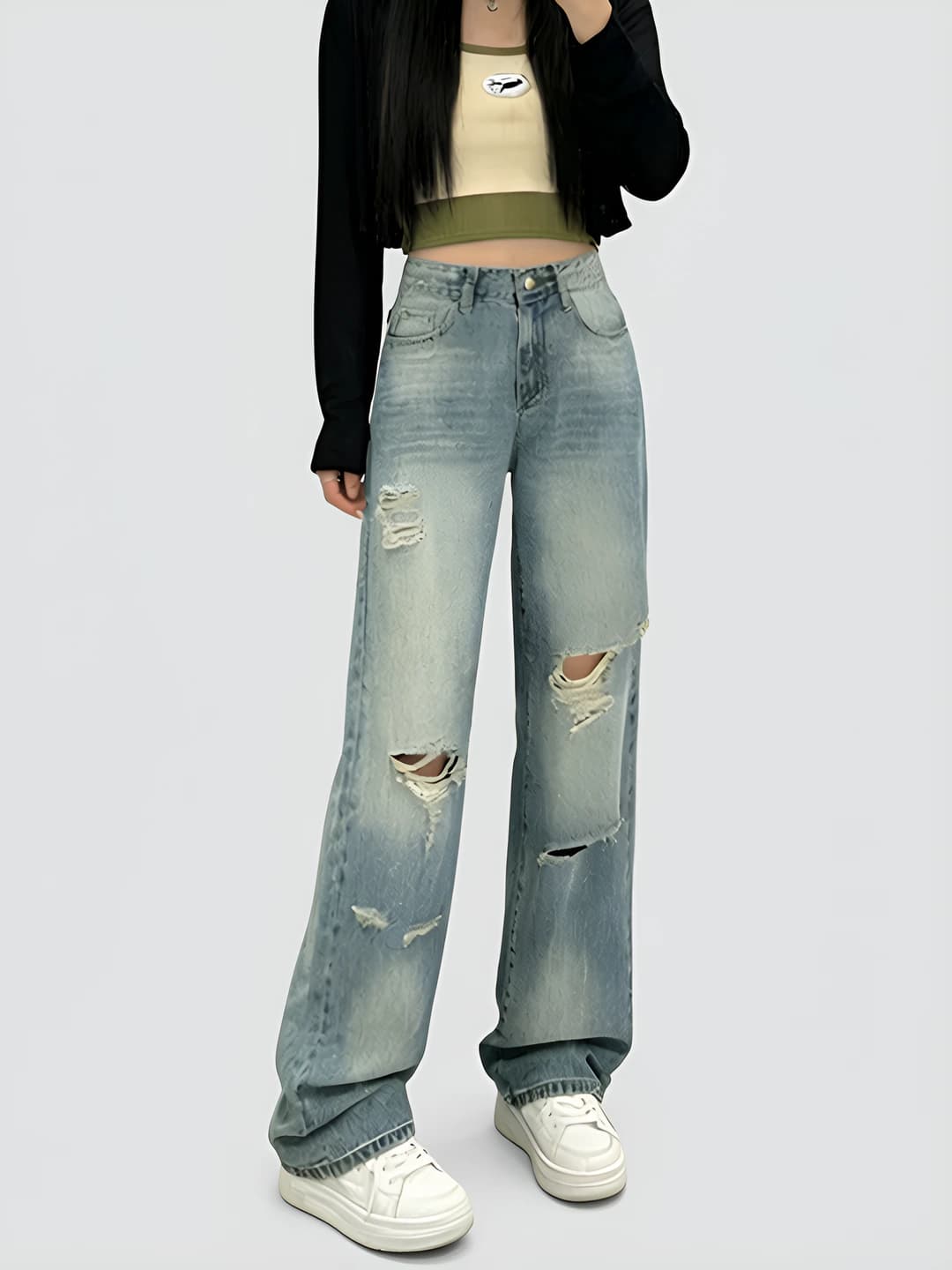 Women's distressed wide-leg jeans, high waist, slimming, plus size, spring 2026
