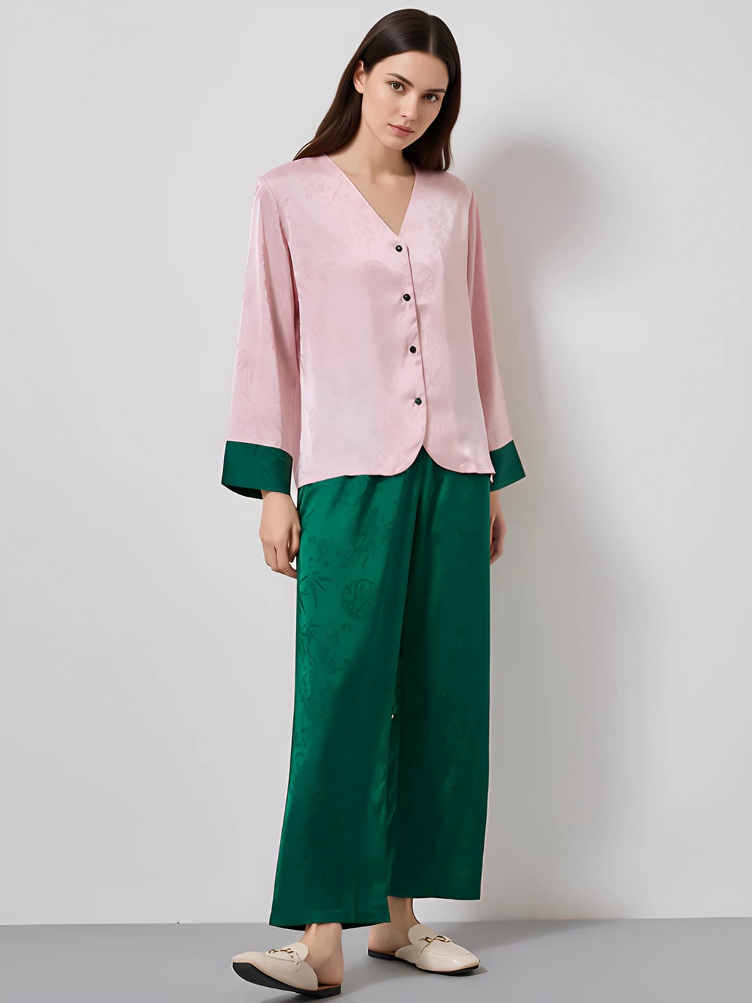 Women's summer pajama set: V-neck, long sleeve, trousers, loose fit, thin satin chiffon fabric, loungewear
