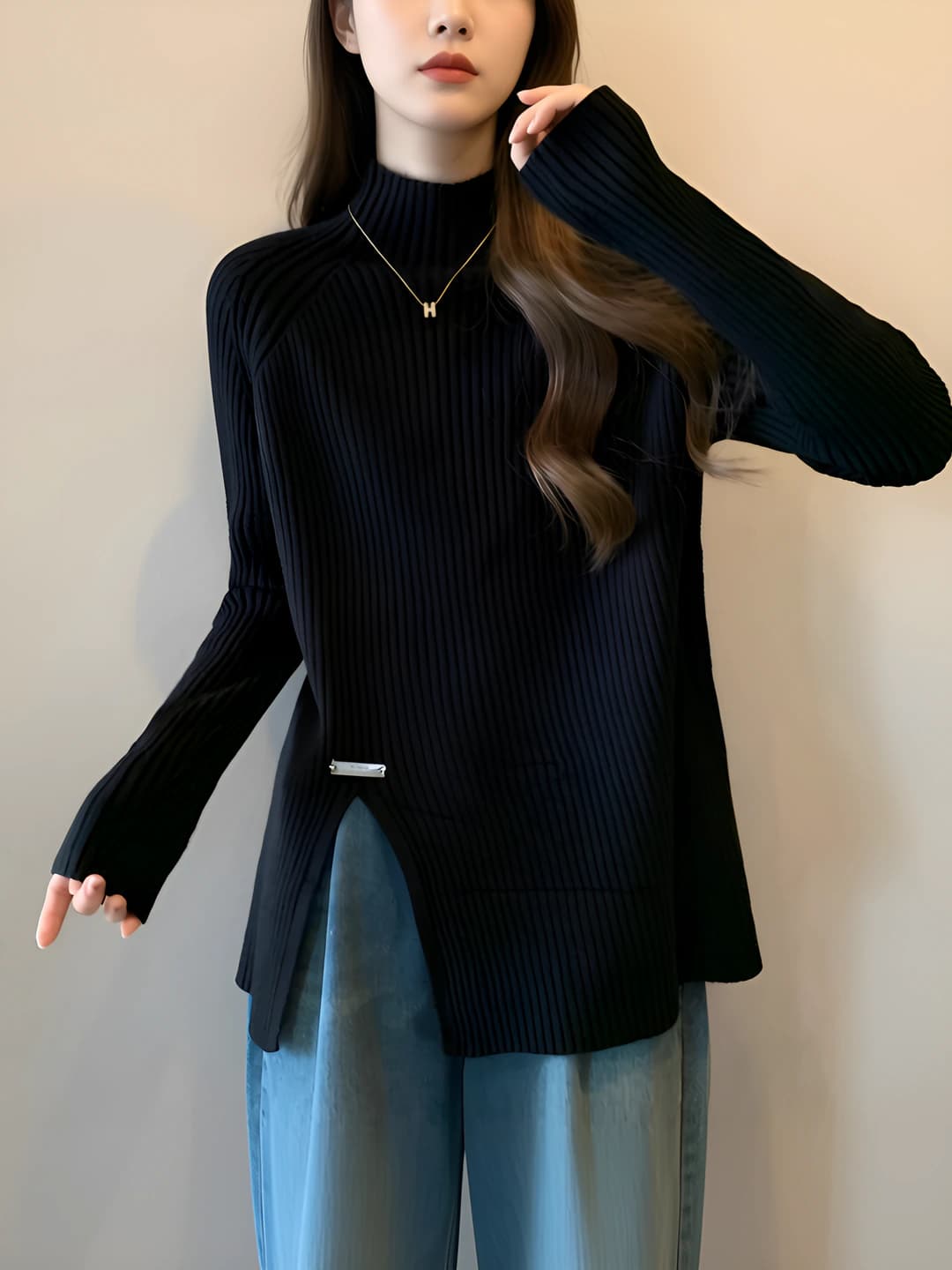 Women's ribbed knit pullover top with mock neck, long sleeve, loose fit, solid colour