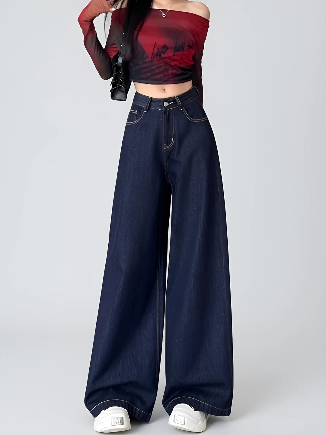 Women's wide and flared jeans, Korean style, high waist, straight cut, trousers, spring-autumn
