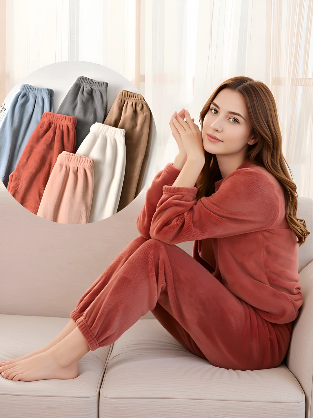 Women's coral fleece loungewear set: thickened, loose fit, crew neck, long sleeve, trousers, warm, autumn-winter