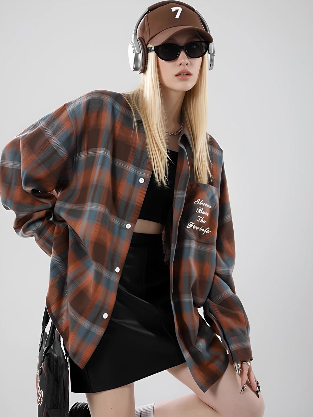 Women's retro checked long sleeve loose fit shirt for spring-autumn