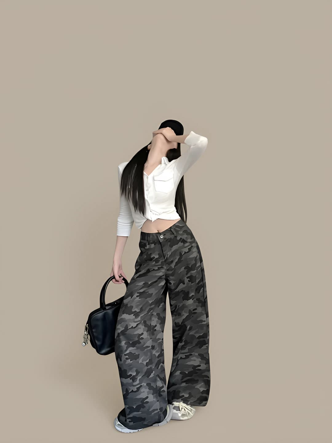 Women's retro camouflage wide and flared jeans, high waist, straight cut, trousers, slimming, spring-autumn
