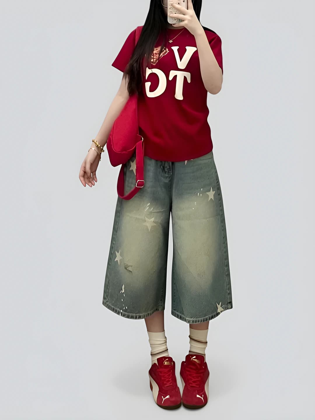 Ayollar uchun retro yozgi keng va klesh jinsi shimlar, baland bel, uch chorak shim, bo'sh (oversize) to'g'ri kesim, nozik ko'rsatadigan, yuvilgan va eskirgan dizayn
