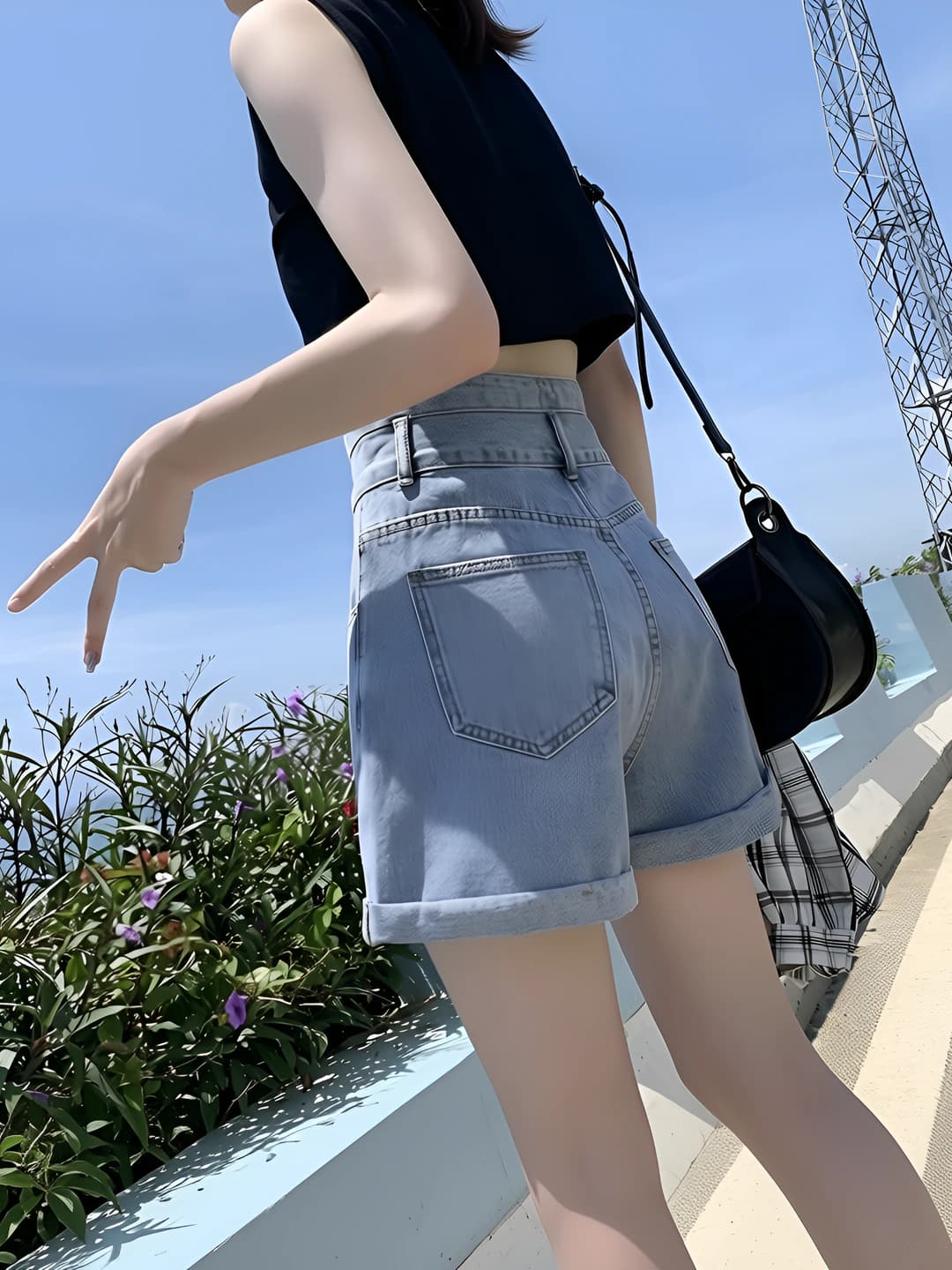 Women's all-cotton denim shorts, high waist, wide-leg trousers, short shorts, slimming, loose fit, Korean style, summer