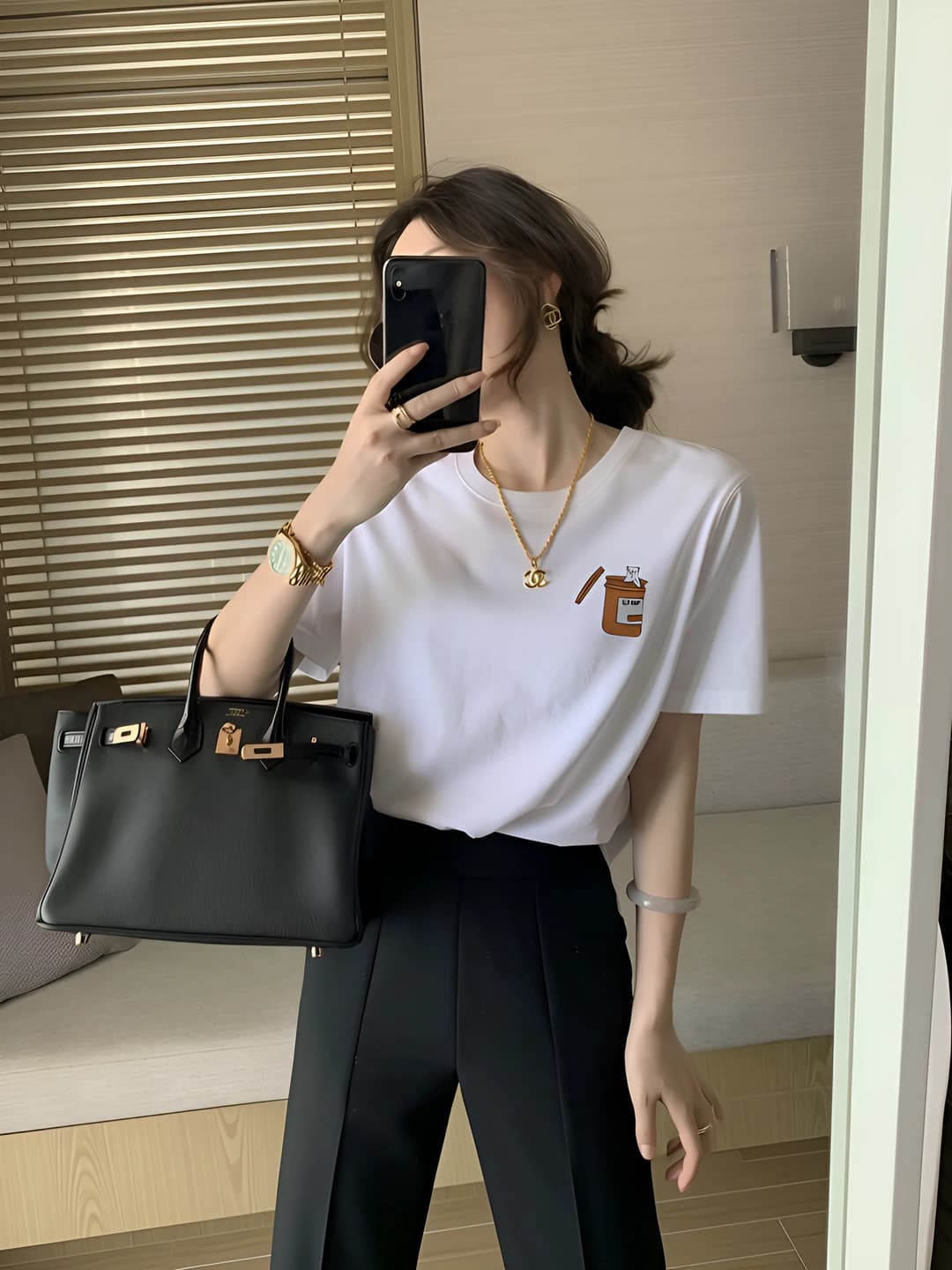 Women's white pure cotton short sleeve loose fit t-shirt, crew neck, geometric pattern, spring-summer 2026