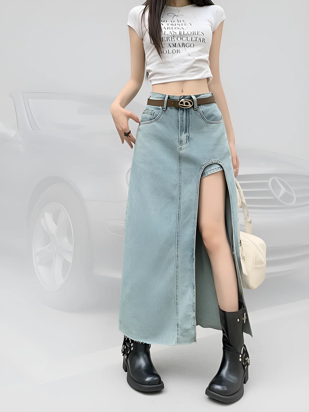 Women's summer retro high waist slimming A-line denim skirt