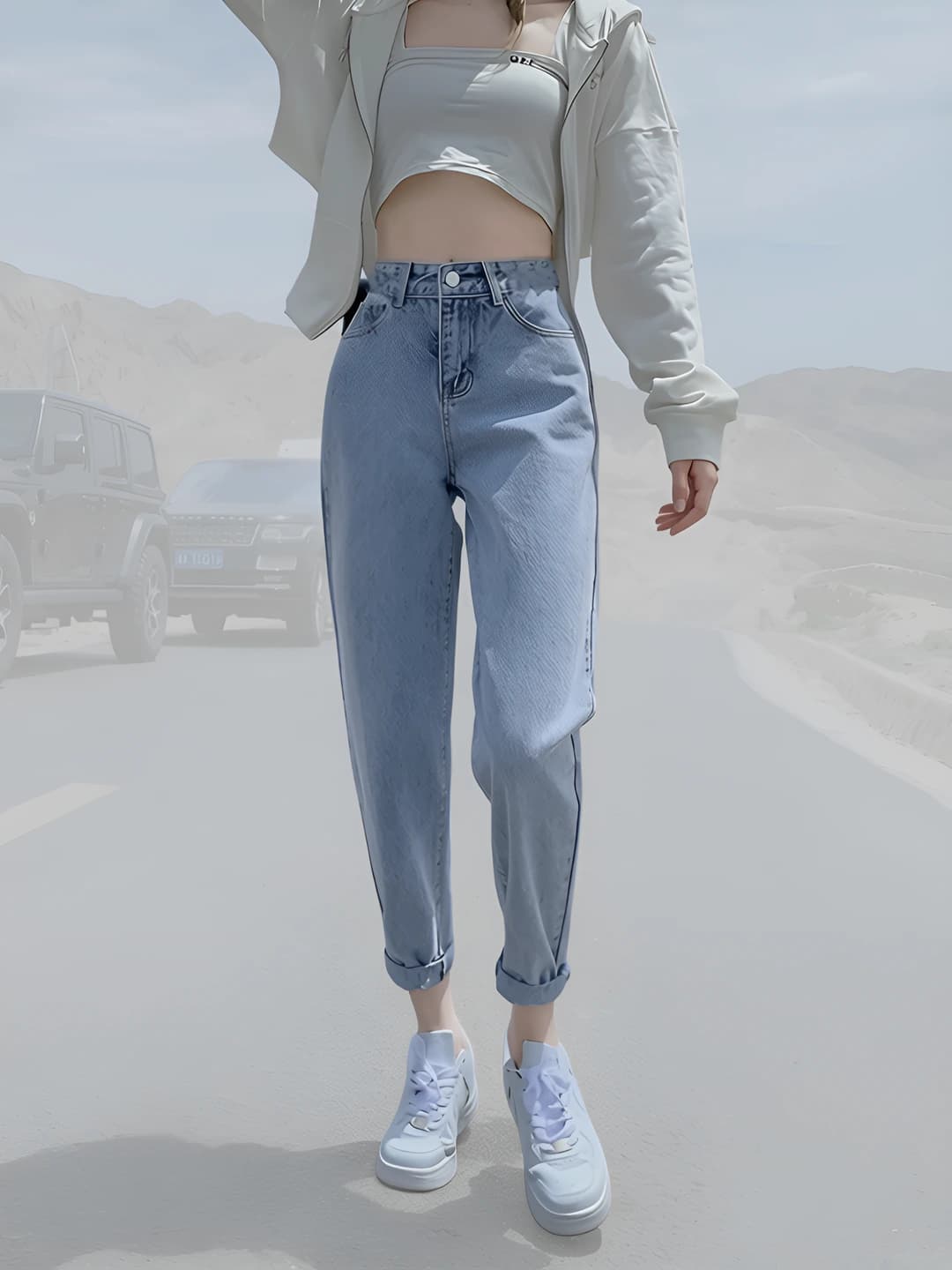Women's straight cut jeans, autumn-winter, all-cotton, high waist, loose fit, casual, ankle-length trousers, slimming