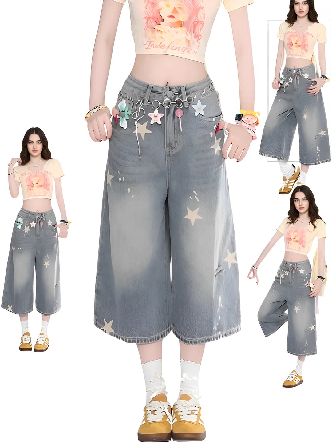 Women's wide-leg denim capri pants for petite, summer star printed, high waist, loose fit, slimming