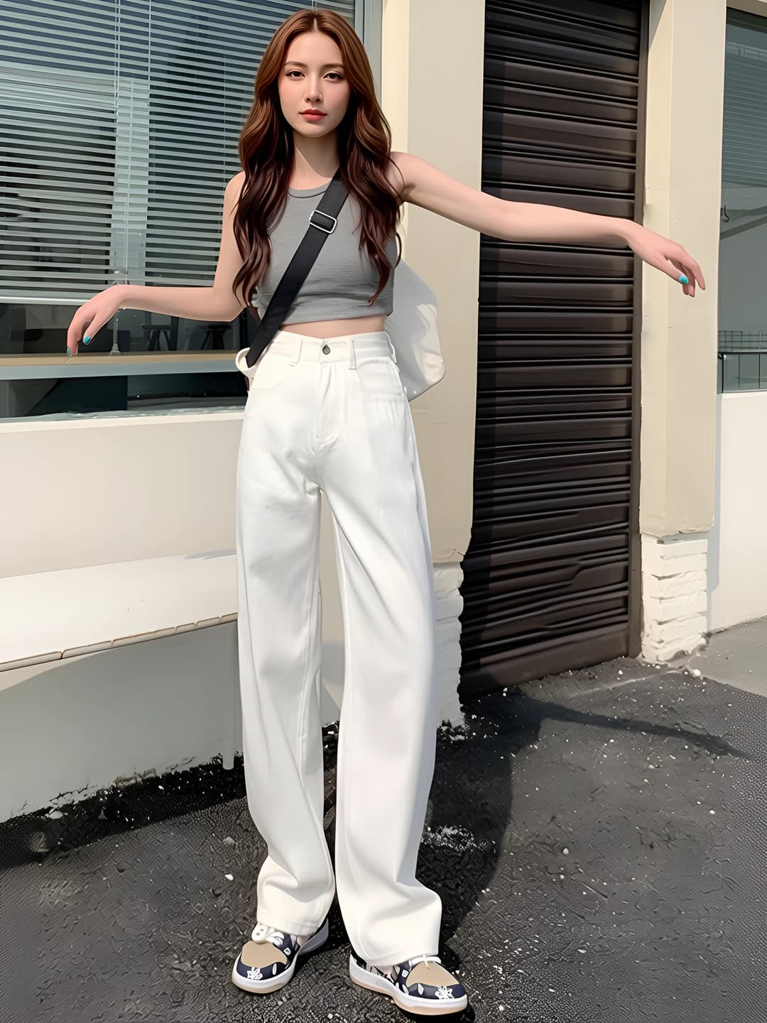 Women's plus size wide-leg jeans, high waist, straight cut, all-cotton, long trousers, spring-autumn