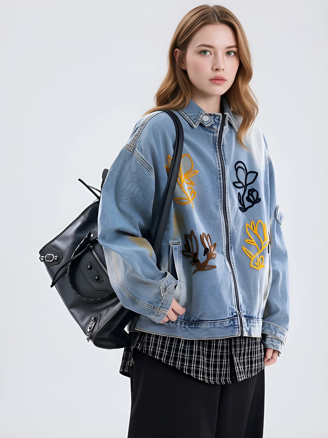 Women's embroidered denim jacket, 2026 spring-autumn, loose fit, lapel collar, long sleeve, zip, solid colour, 70%–80% cotton