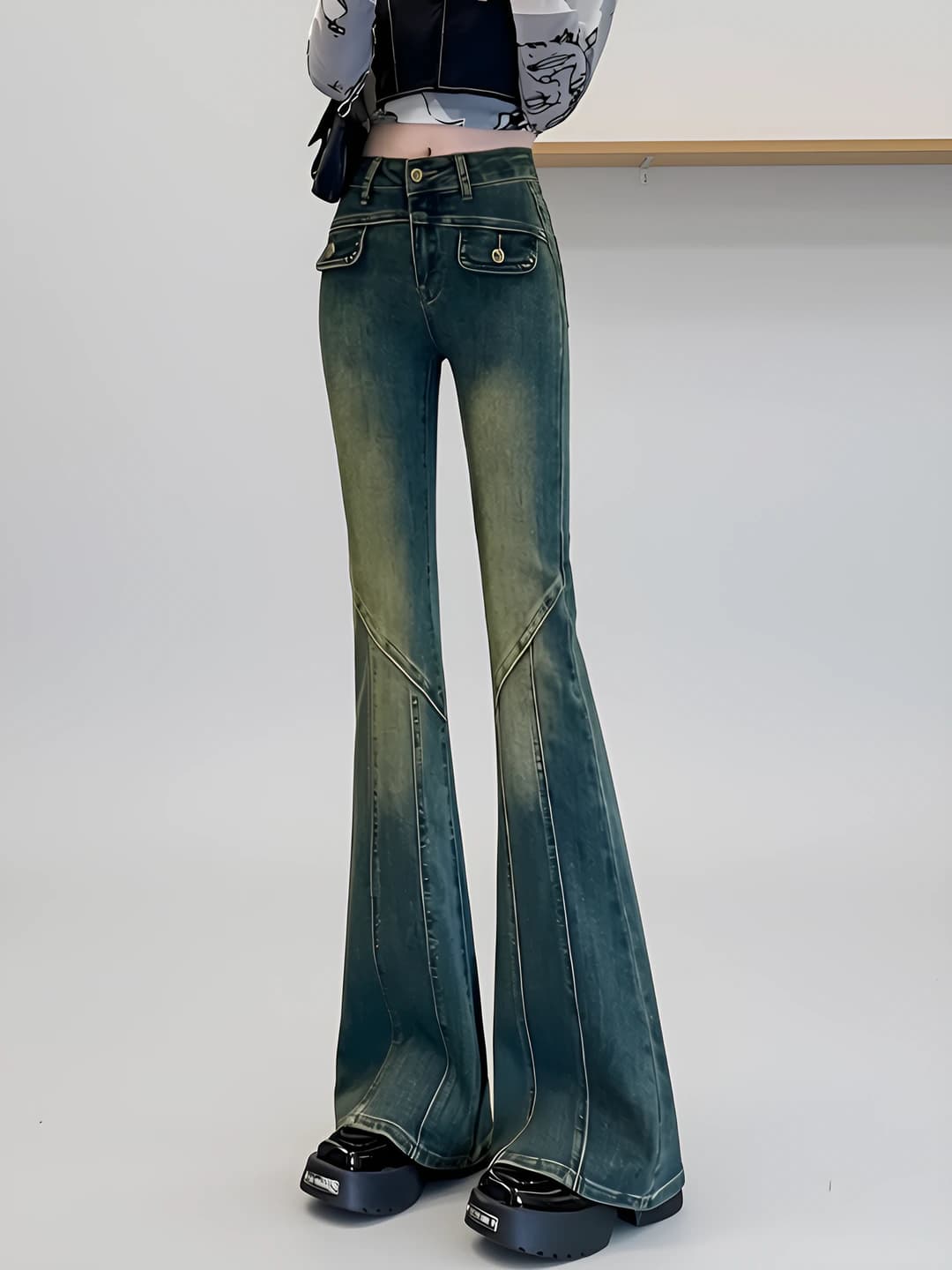 Women's stretch retro high waist jeans, slim fit long flared trousers