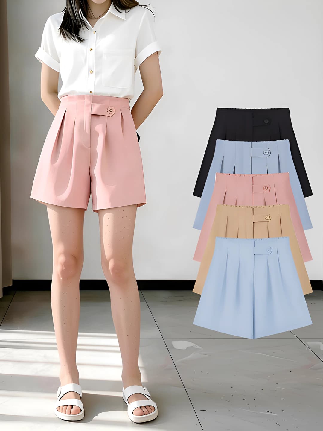 Women's ice-silk fabric knee-length shorts, high waist, slimming, thin, loose fit, blazer style, summer 2026