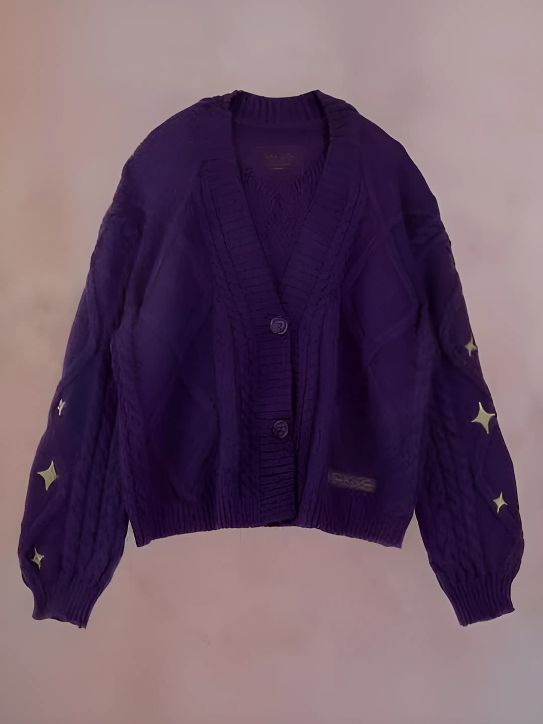 2026 women's plum cardigan, cable knit sleeves, embroidered stars, V-neck, long sleeve, loose fit