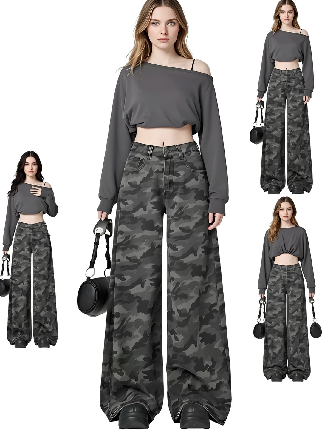 Women's wide-leg camouflage jeans for spring, high waist, loose fit, slimming effect, plus size
