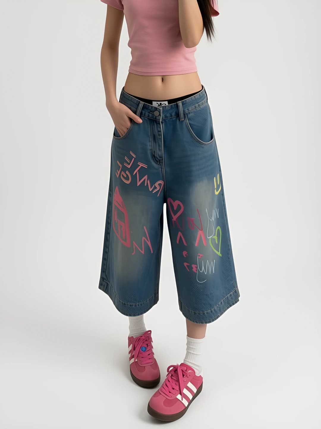 Women's summer wide and flared jeans, capri trousers, printed, loose fit straight cut, high waist, casual