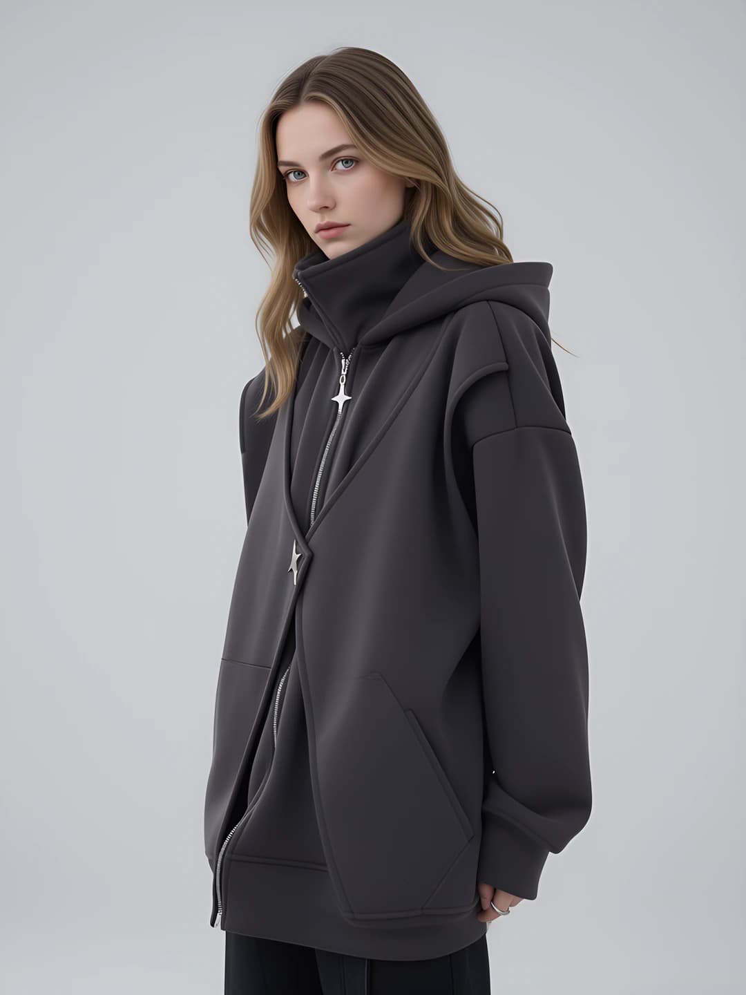 Women's autumn-winter sweatshirt: loose fit, long sleeve, zip closure, casual style in Asian fashion