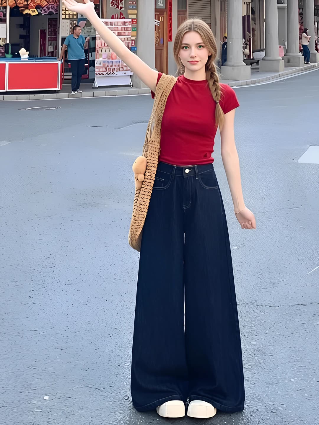 Ayollar uchun yozgi yupqa to'g'ri kesim jinsi shim, baland bel, bo'sh (oversize) nozik ko'rsatadigan, past bo'ylilar uchun