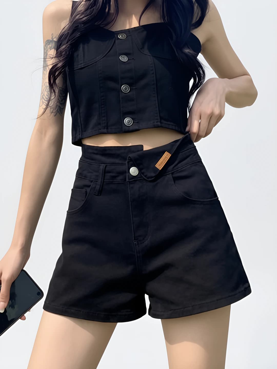 Women's high waist black A-line denim shorts, plus size, loose fit, slimming, summer