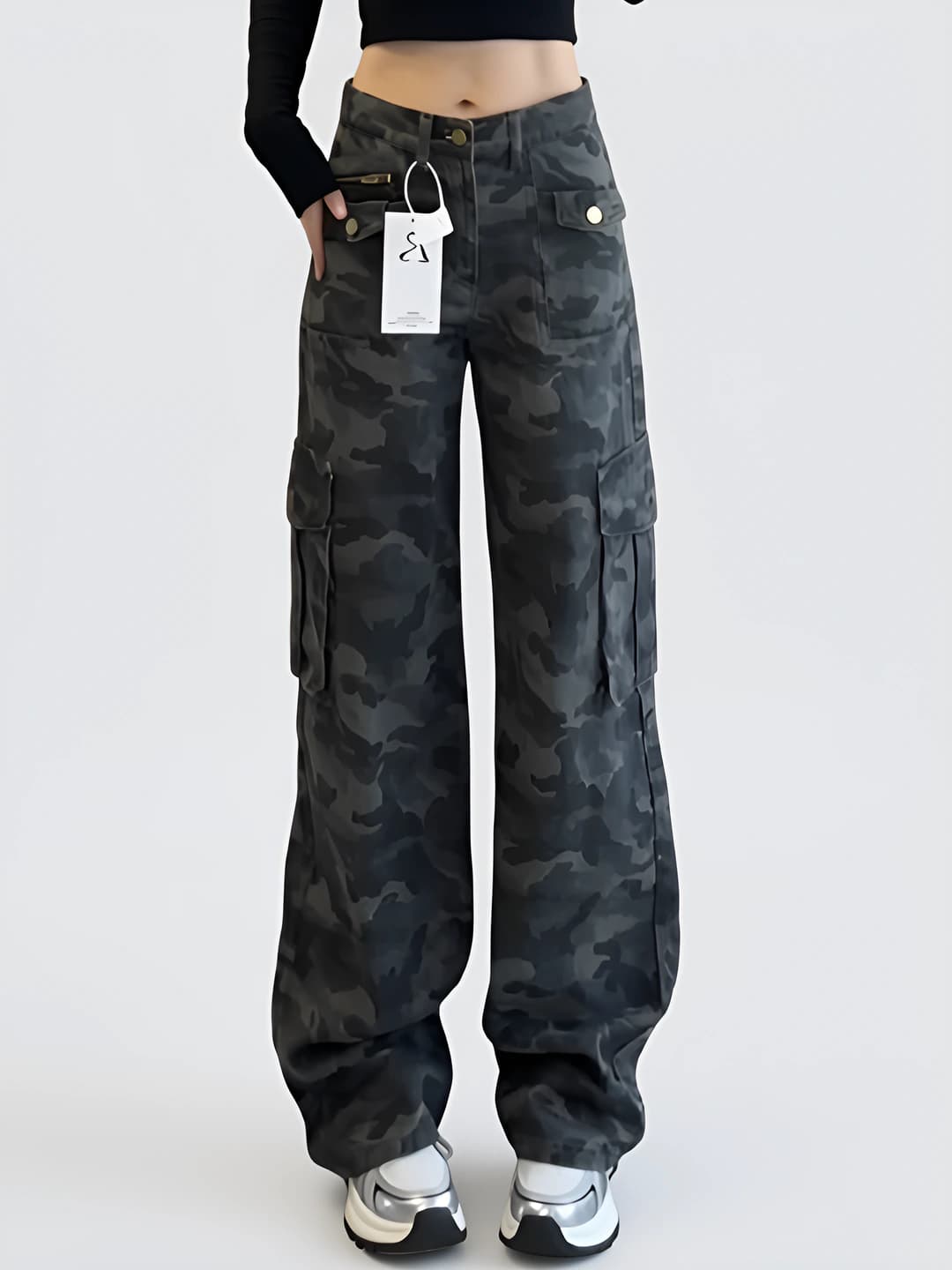 Ayollar uchun kamuflyaj keng jinsi shimlar, baland bel, bo'sh (oversize) kesim, nozik ko'rsatadigan, retro uslub, jinsi mato