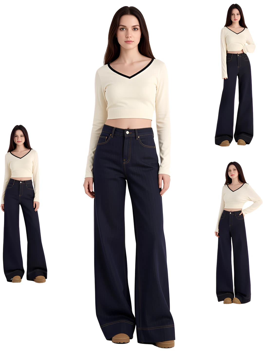 Women's winter high waist slimming wide and flared jeans, petite, plus size, dark blue, casual