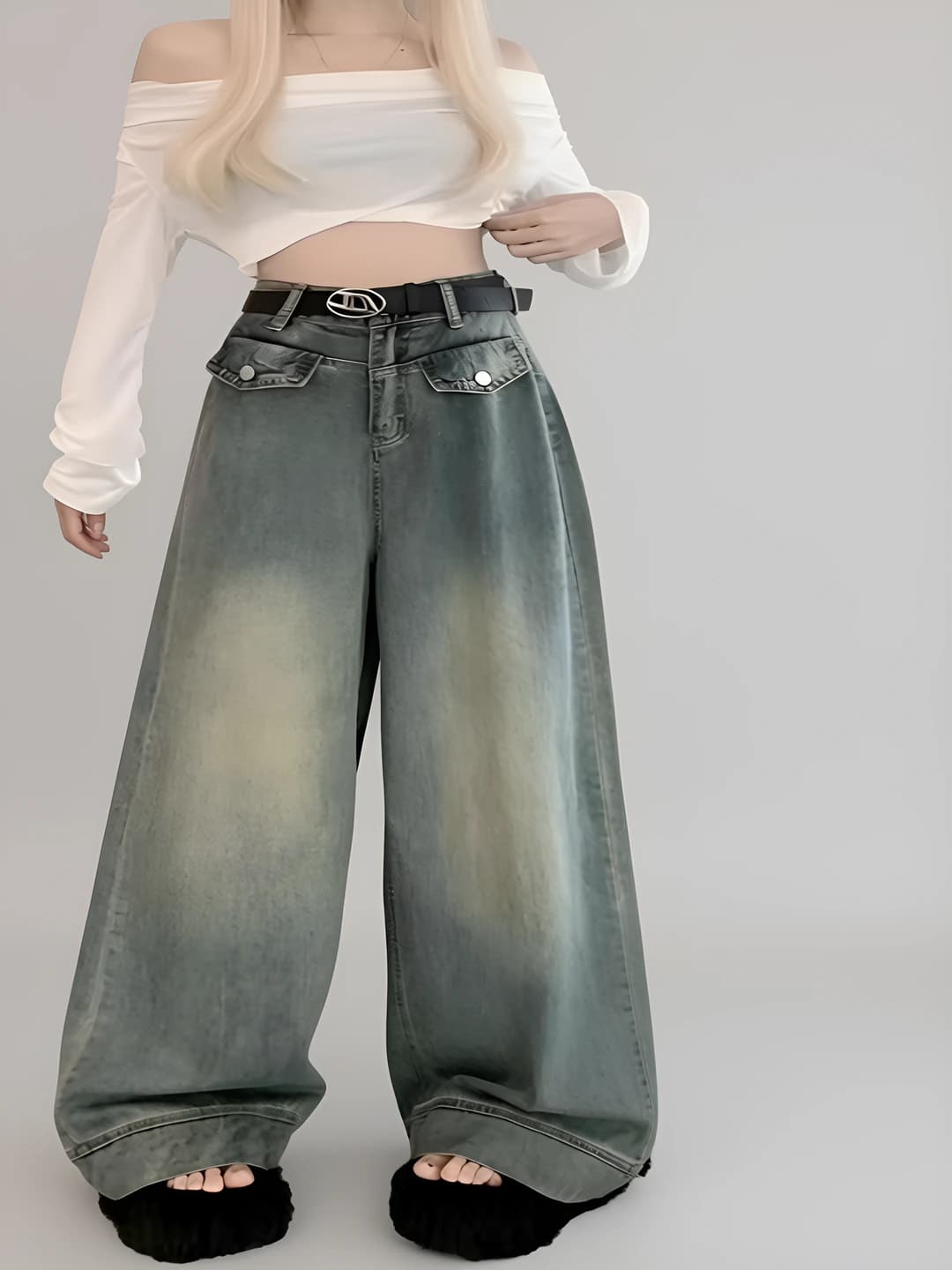 Women's 2026 spring-autumn retro high waist slimming straight cut long wide-leg jeans