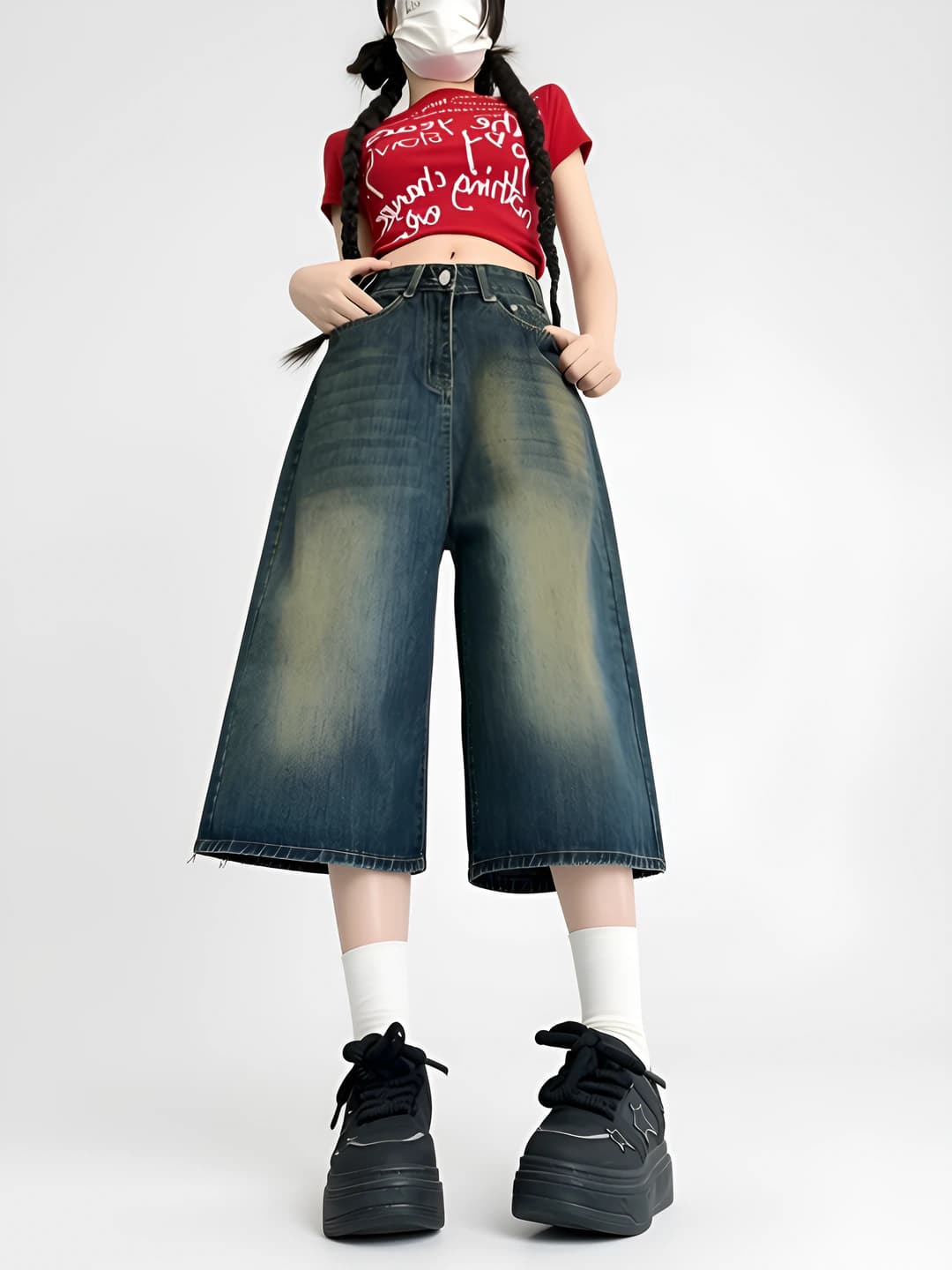 Ayollar uchun baland bel, to'g'ri kesim, keng va klesh jinsi shimlar, bo'sh (oversize), uch chorak shim, retro, jins mato