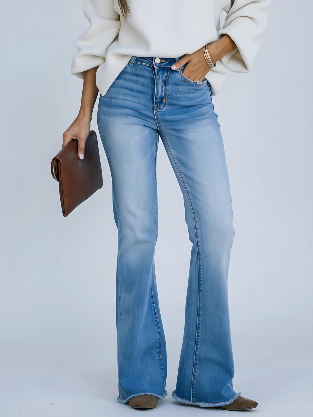 Women's retro slim fit flared jeans, stretch, mid waist, trousers, washed and frayed hem