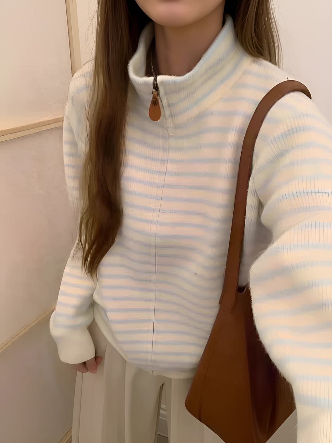 Women's knit cardigan: striped, stand collar, zip, loose fit, long sleeve, autumn-winter
