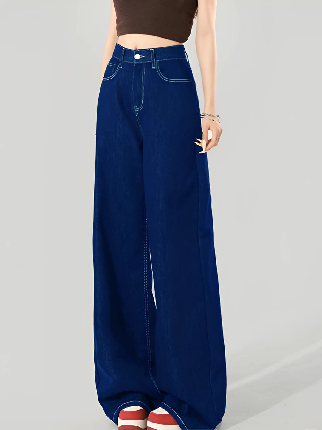 Women's spring-autumn wide and flared jeans, high waist, loose fit, slimming, trousers, 50%-70% cotton, solid colour, street style