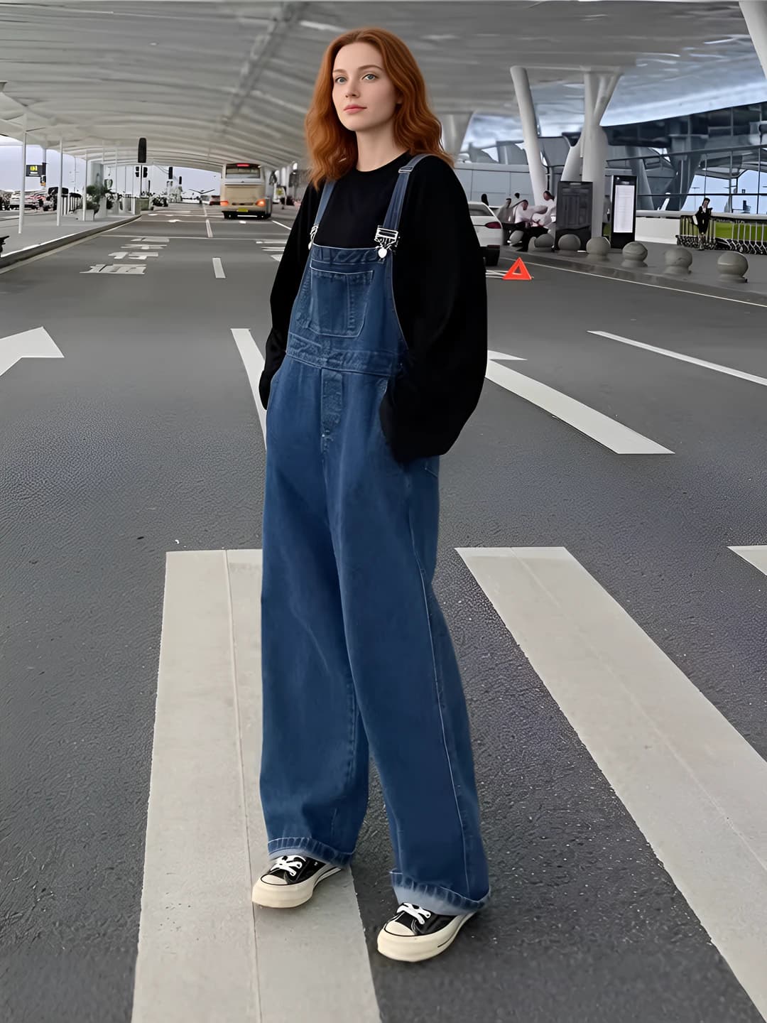 Women's 2026 spring-autumn retro Korean style loose fit denim overalls, high waist, wide-leg trousers, slimming
