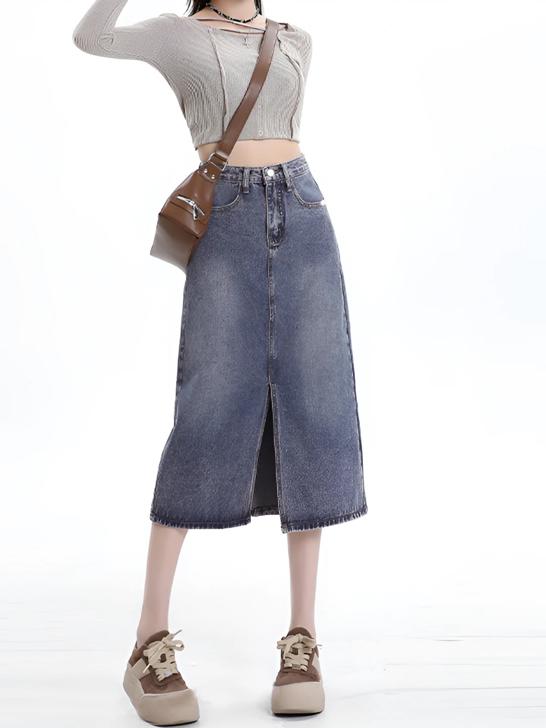 Women's high waist A-line solid colour denim skirt for spring-summer
