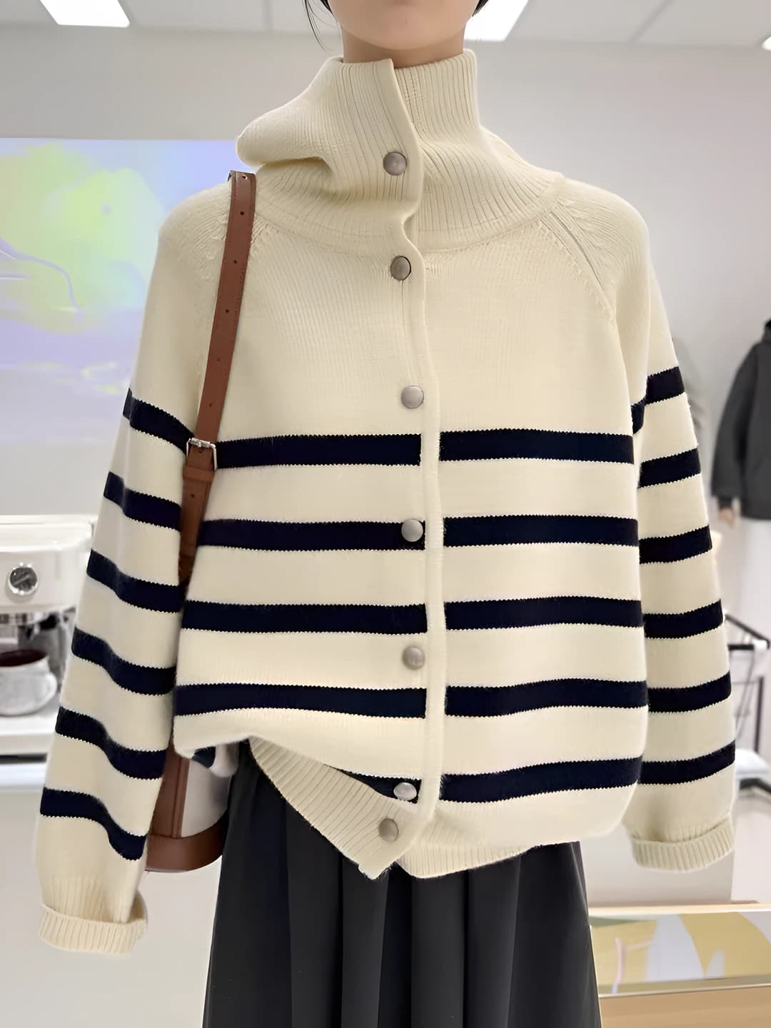 Women's knit cardigan: striped, lapel collar, loose fit, long sleeve, autumn-winter