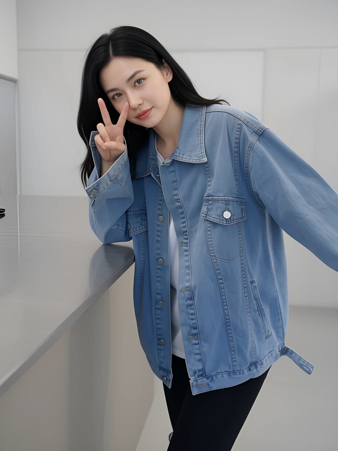 Women's 2026 spring-autumn denim jacket, Korean style, loose fit, slimming, long sleeve, POLO collar