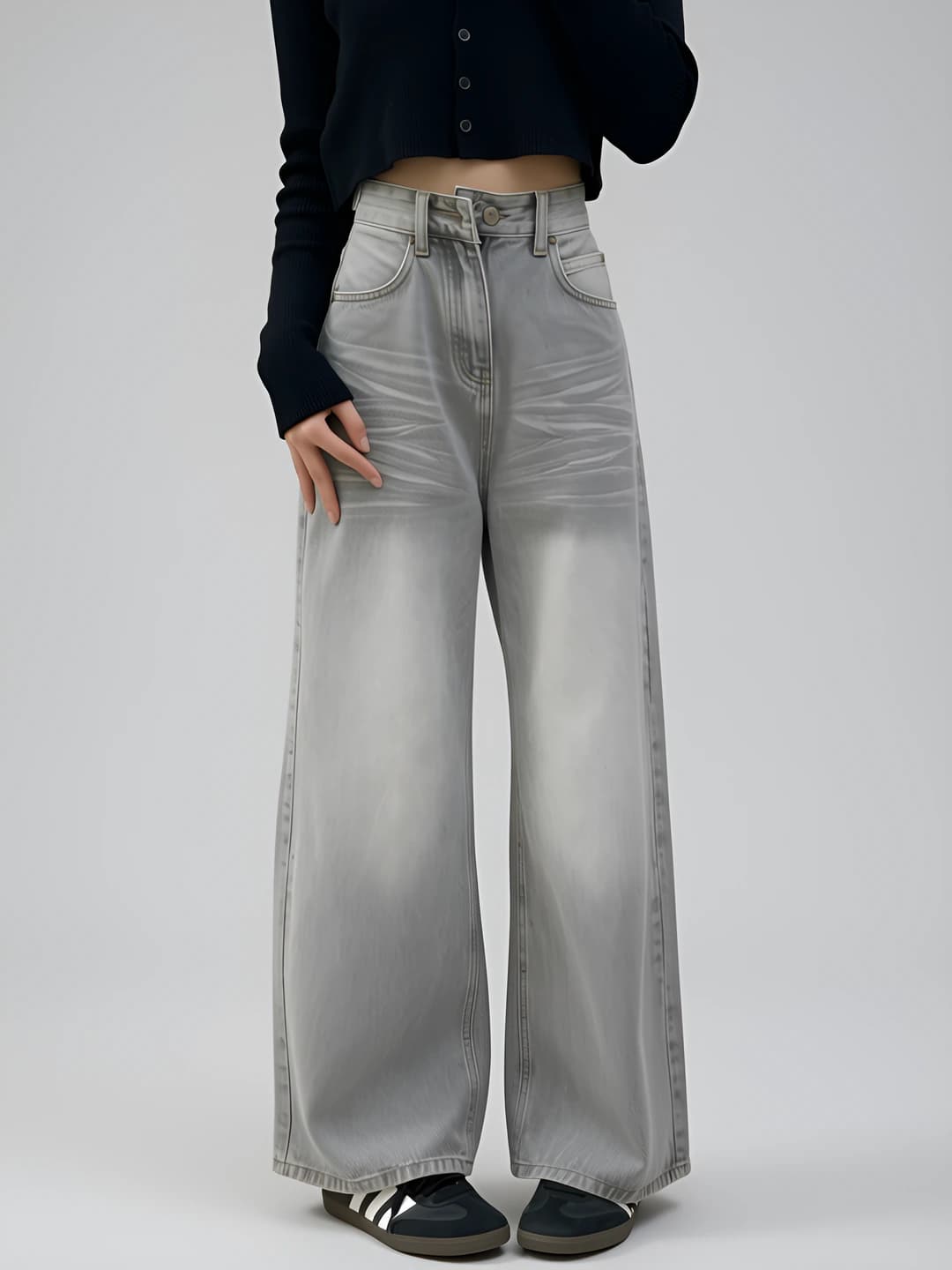 Ayollar uchun keng va klesh jinsi shimlar, 2026 bahor-yoz, to'g'ri kesim, baland bel, bo'sh (oversize), retro, to'q rangli, to'g'ri kesim