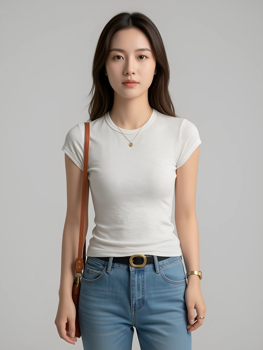 Summer women's short-sleeve t-shirt with crew neck, solid colour, slim fit, slimming