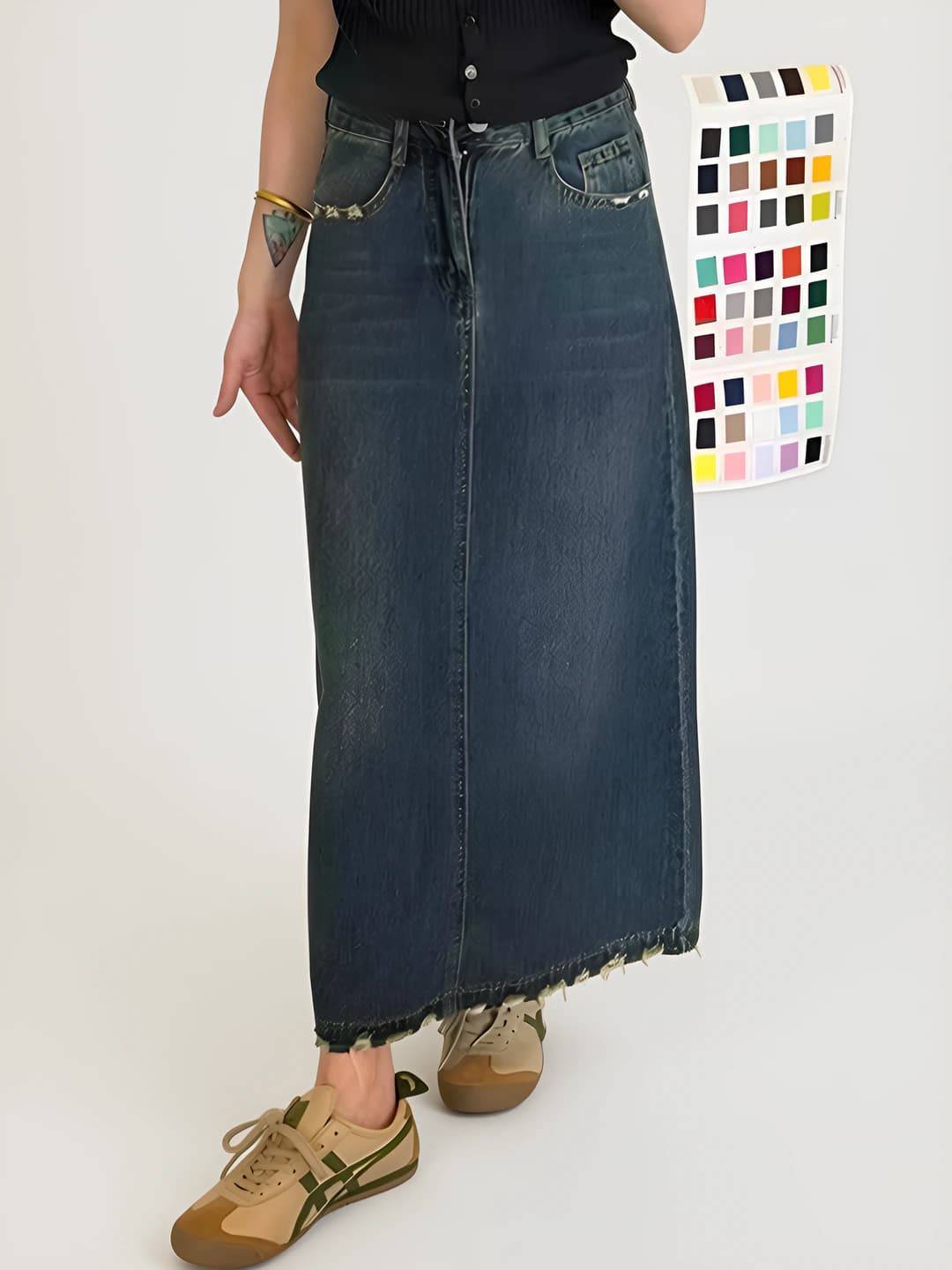 Women's high waist mid-length A-line denim skirt, edgy and bold style