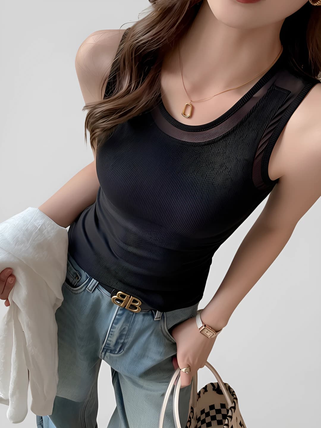 Women's slim fit tank top, solid colour, stretch, all-season
