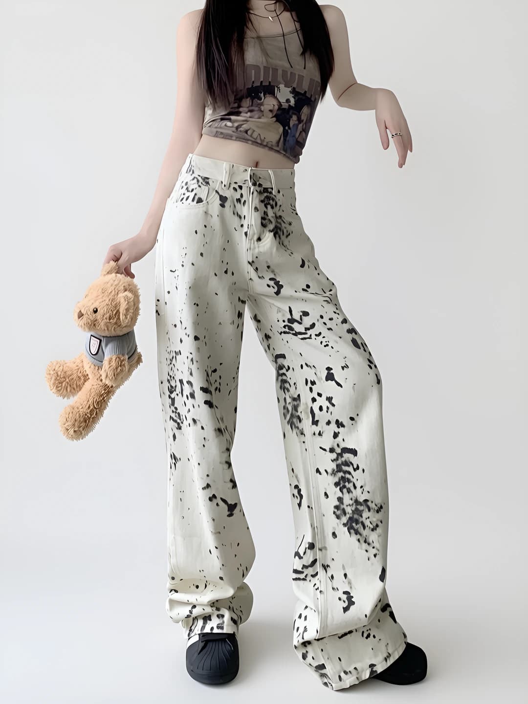 Women's wide and flared jeans with retro leopard print, 2026 spring-autumn, high waist, straight cut, loose fit, slimming, casual
