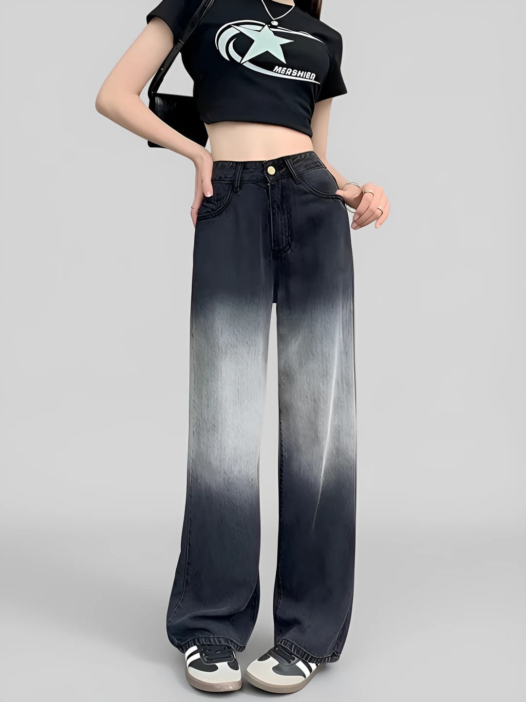 Women's retro gradient wide and flared jeans, high waist, spring-autumn