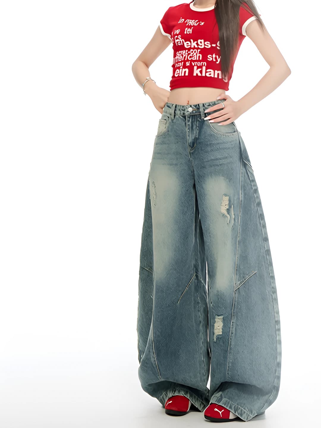Ayollar uchun retro uslubdagi baland belli, nozik ko'rsatadigan, bo'sh (oversize) keng va klesh jinsi shimlar, bahor-kuz mavsumi uchun