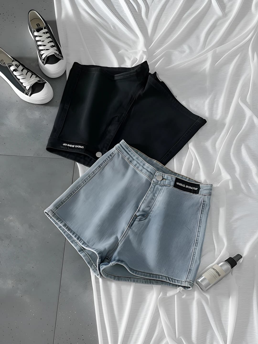 Women's stretch high waist denim shorts, straight cut, slimming, summer